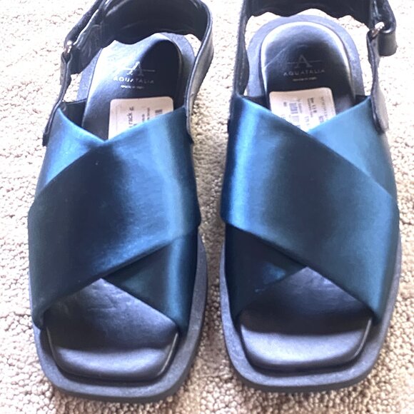 NEW AQUATALIA MADE IN ITALY TEAL SATIN STRAP HEEL SANDALS SIZE: 6.5 - Picture 1 of 9